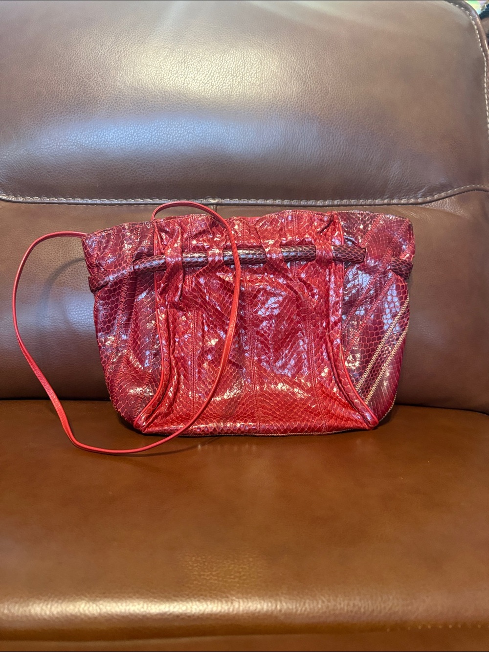 Red Snake-Embossed Leather Crossbody Bag